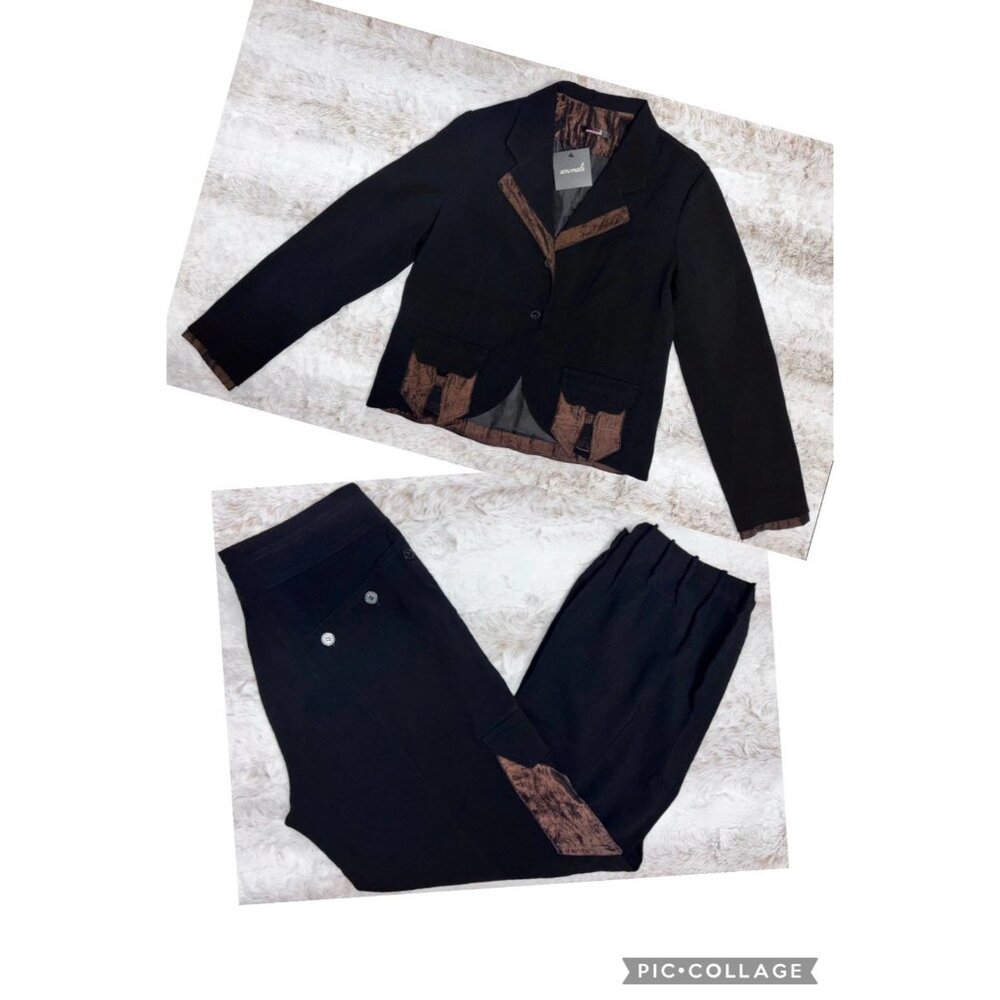 Animale Black Blazer & Pant Set With Brown Trim Pockets NWT